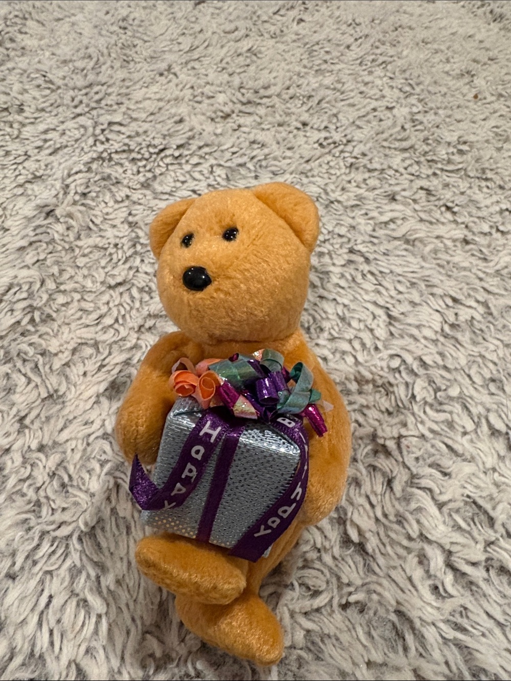 TY happy birthday Plush Teddy Bear Holding‎ Gift - Golden Brown